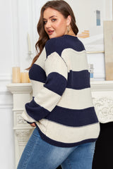 Blue Stripe Color Block PLus Size Drop Shoulder Sweater Plus Size Sweaters & Cardigans JT's Designer Fashion