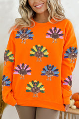 Orange Colorful Turkey Thanksgiving Graphic Sweatshirt Orange 70%Polyester+30%Cotton Graphic Sweatshirts JT's Designer Fashion