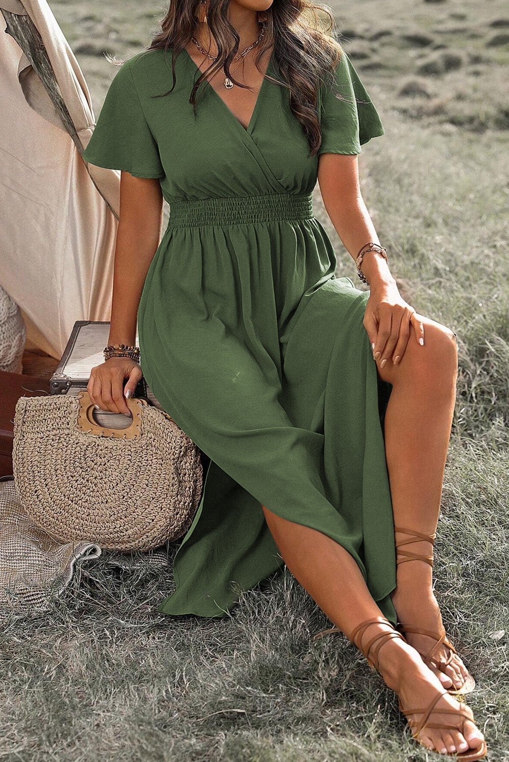 Four Leaf Clover Surplice Neckline Shirred High Waist Plus Size Maxi Dress Plus Size Maxi Dresses JT's Designer Fashion