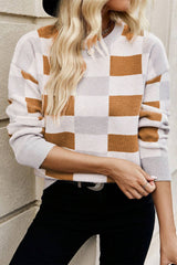 Khaki Checkered Ribbed Edge O Neck Drop Shoulder Sweater Sweaters JT's Designer Fashion