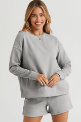 Gray Textured Long Sleeve Top and Drawstring Shorts Set Short Sets JT's Designer Fashion