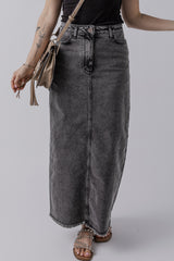 Dark Grey Denim Raw Hem Back Split High Waist Long Skirt Skirts & Petticoat JT's Designer Fashion