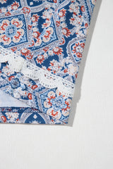 Blue Geometric Printed Lace Patchwork Ric Rac Raglan Long Sleeve Top Long Sleeve Tops JT's Designer Fashion