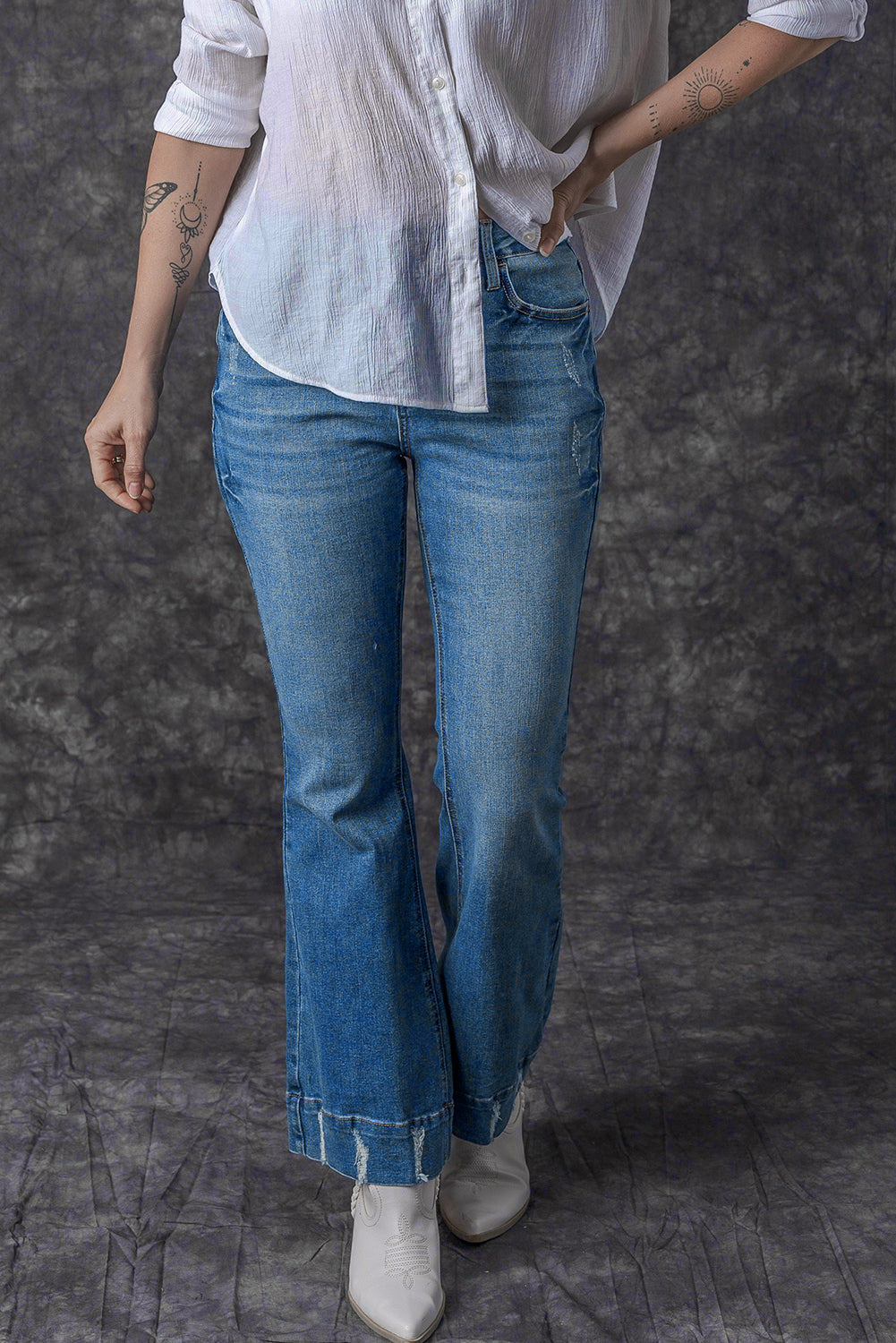 Sky Blue Slight Distressed Medium Wash Flare Jeans Jeans JT's Designer Fashion