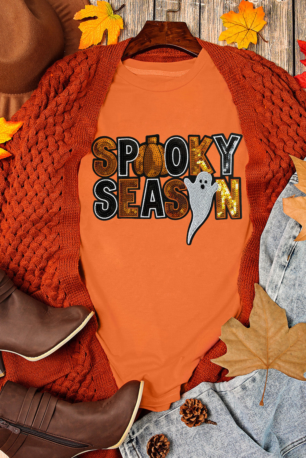 Orange Sequin SPOOKY SEASON Ghost Pattern Halloween T Shirt Graphic Tees JT's Designer Fashion