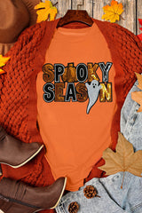 Orange Sequin SPOOKY SEASON Ghost Pattern Halloween T Shirt Graphic Tees JT's Designer Fashion