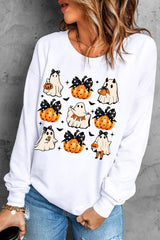 Beige Halloween Ghost Pumpkin Print Crew Neck Sweatshirt Graphic Sweatshirts JT's Designer Fashion