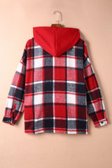 Fiery Red Hooded Plaid Button Front Shacket Plaid Shackets JT's Designer Fashion