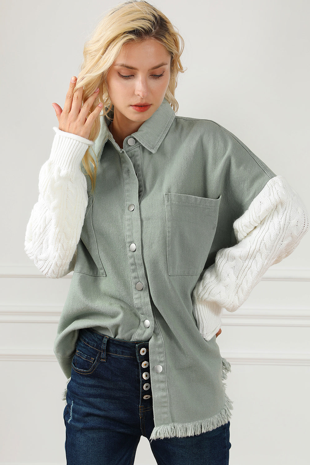 Green Cable Knit Sleeve Raw Hem Shacket Jackets JT's Designer Fashion