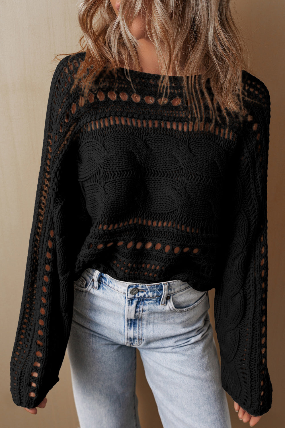 Black Hollow-out Cable Knit Cropped Sweater Black 60%Cotton+40%Acrylic Sweaters JT's Designer Fashion