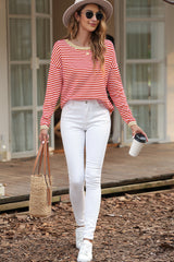 Fiery Red Contrast Trimmed Striped Drop Shoulder Sweater Sweaters JT's Designer Fashion