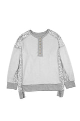 Gray Leopard Patchwork Exposed Seam Buttoned Neck Sweatshirt Sweatshirts & Hoodies JT's Designer Fashion