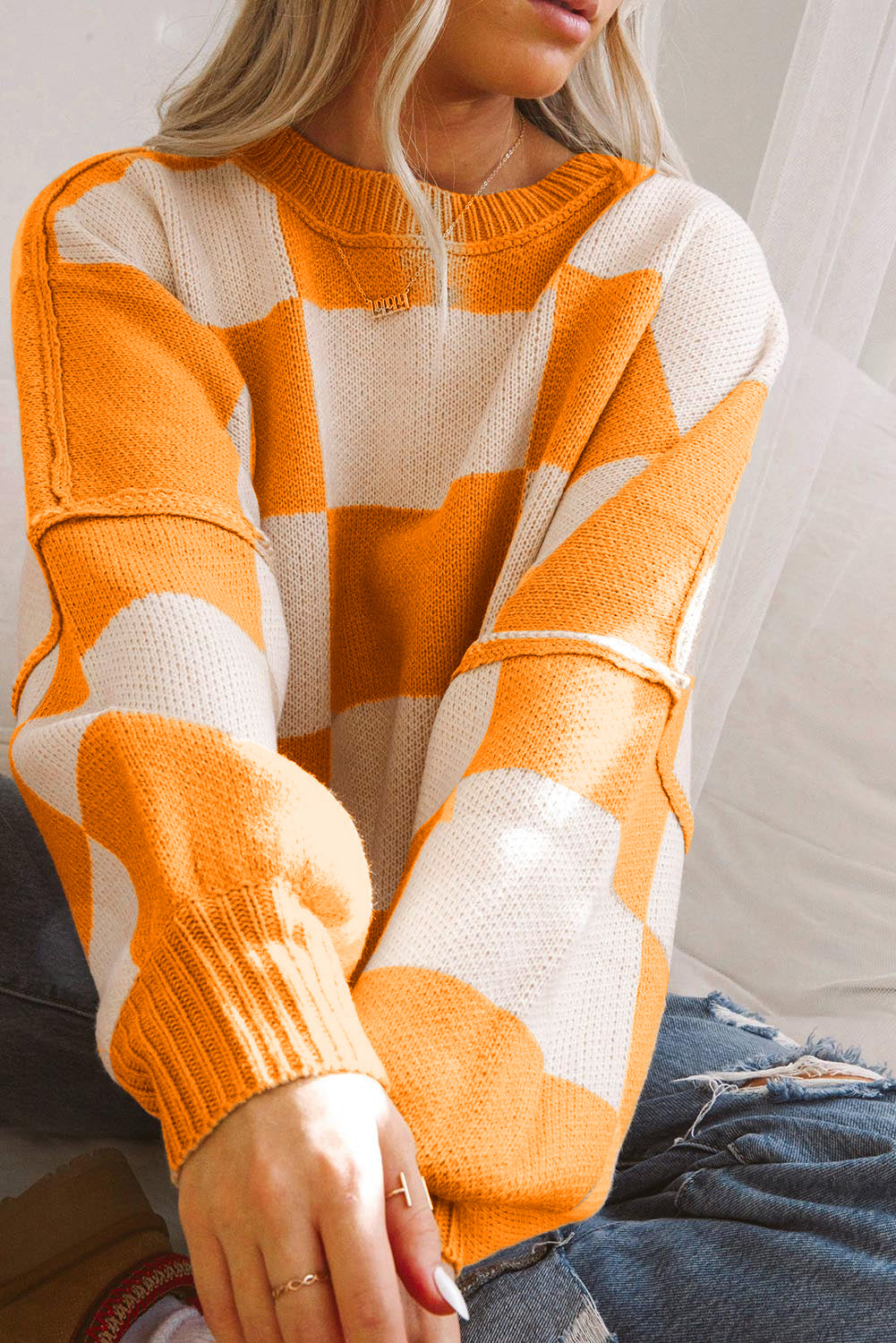 Orange Checkered Bishop Sleeve Sweater Sweaters & Cardigans JT's Designer Fashion