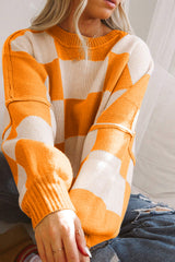 Orange Checkered Bishop Sleeve Sweater Sweaters & Cardigans JT's Designer Fashion
