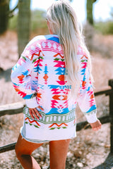 White Oversize Aztec Print High Low V Neck Sweater Sweaters JT's Designer Fashion