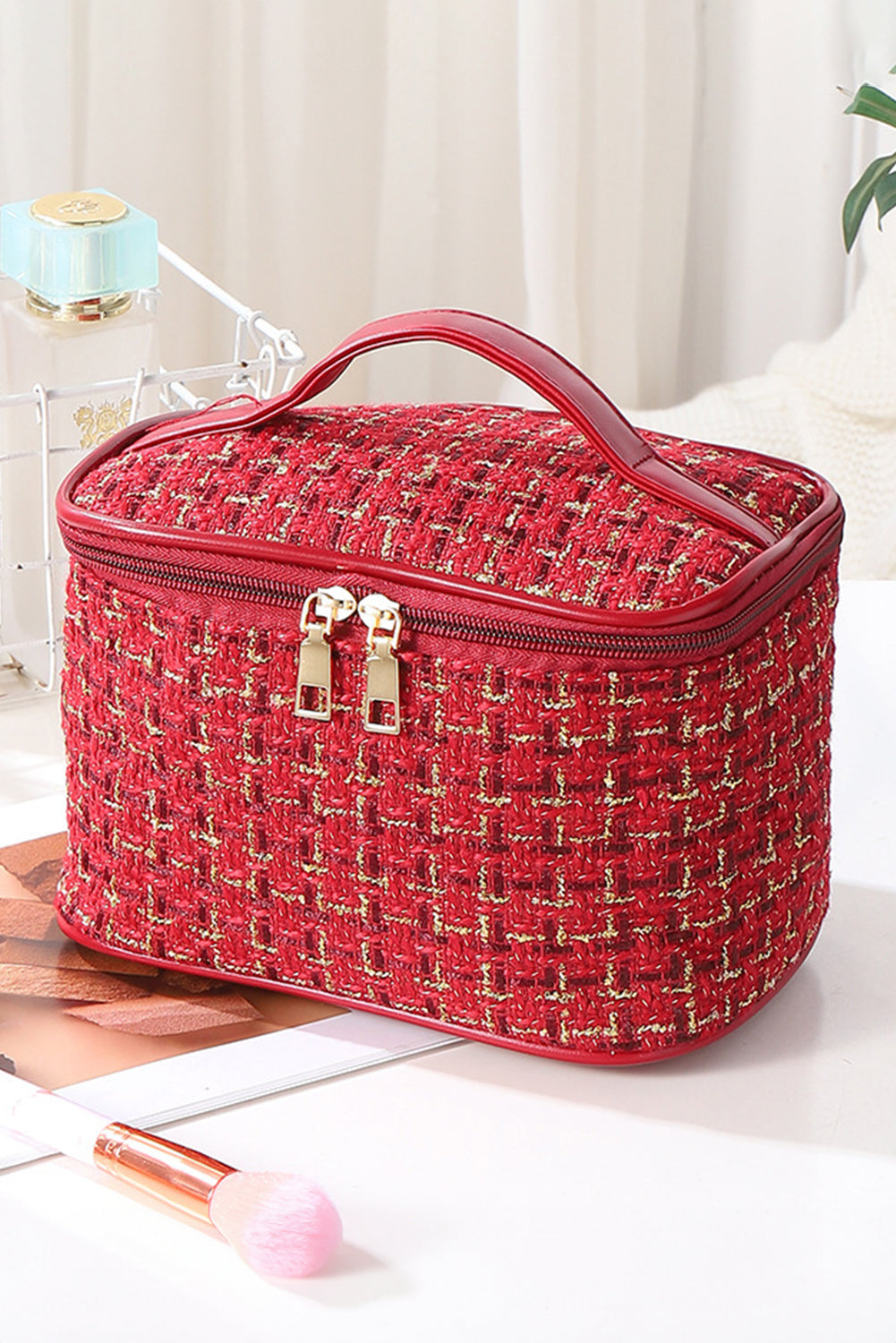 Fiery Red Plaid Zipper Large Cosmetic Bag with Handle Makeup Bags JT's Designer Fashion