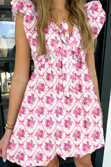 Multicolour Bow Lattice Floral Print V Neck Knot Decor Mini Dress Multicolour 100%Polyester Floral Dresses JT's Designer Fashion