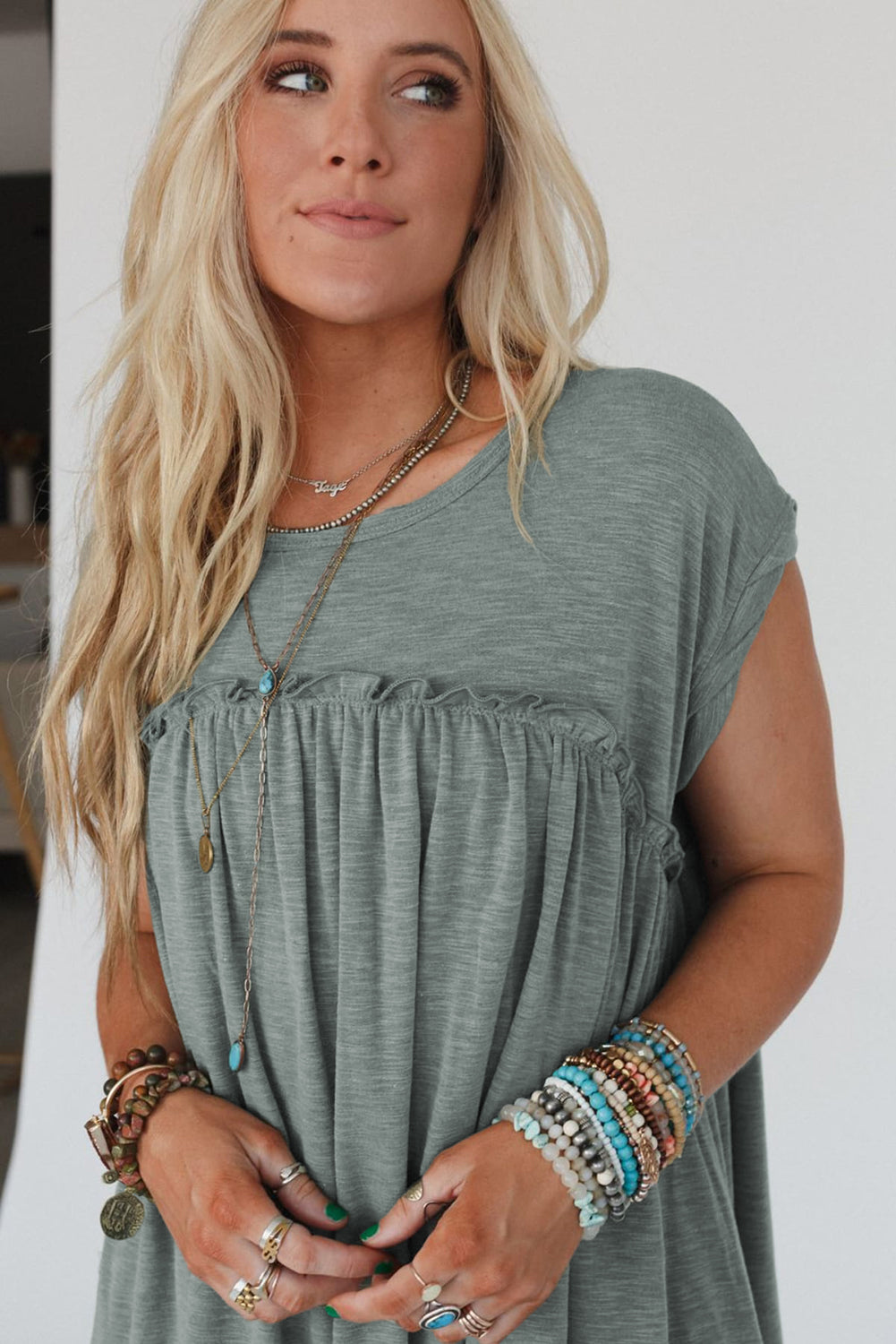 Mist Green Frilled Gathered Seam Round Neck T Shirt Dress T Shirt Dresses JT's Designer Fashion