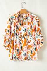 Yellow Abstract Print Drawstring Frilled V Neck 3/4 Sleeve Blouse Blouses & Shirts JT's Designer Fashion