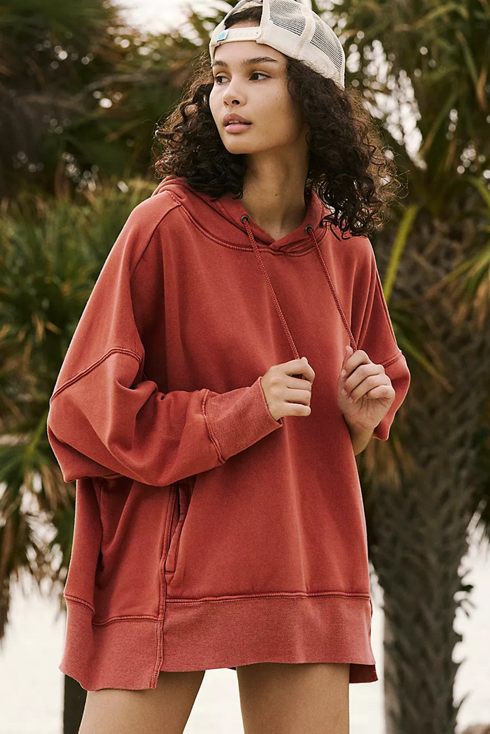 Red Clay Drop Shoulder Pocketed Baggy Drawstring Hoodie Sweatshirts & Hoodies JT's Designer Fashion