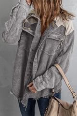 Gray Color Block Button Down Hooded Corduroy Jacket Jackets JT's Designer Fashion