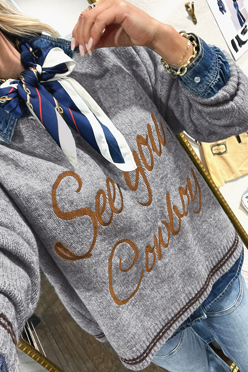 Light Grey See You Cowboy Embroidered Western Graphic Sweater Light Grey 52%Viscose+26%Polyester+22%Polyamide Sweaters JT's Designer Fashion