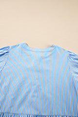 Sky Blue Stripe Bubble Short Sleeve Tiered Scallop Long Dress Maxi Dresses JT's Designer Fashion