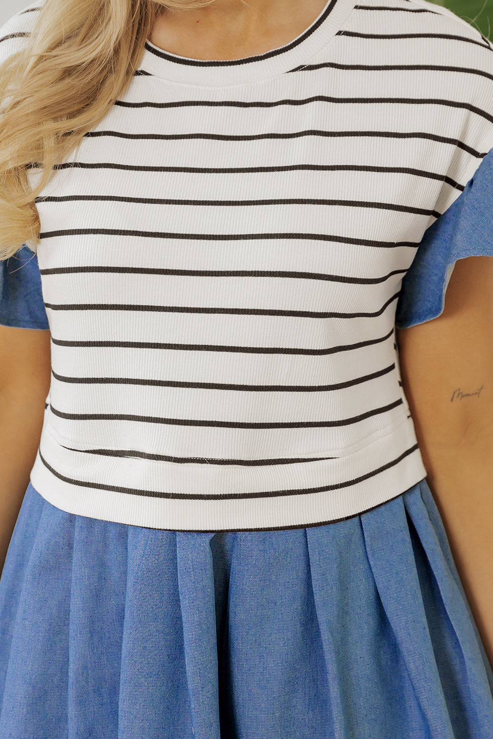 Black Stripe Ruffle Denim Patchwork Round Neck Mini Dress Mini Dresses JT's Designer Fashion