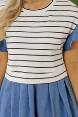 Black Stripe Ruffle Denim Patchwork Round Neck Mini Dress Mini Dresses JT's Designer Fashion