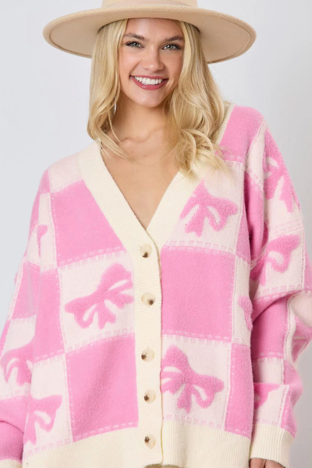 Pink Bowknot Checkered Pattern V Neck Drop Shoulder Button Up Cardigan Cardigans JT's Designer Fashion