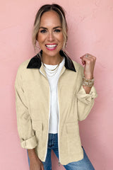 Parchment Contrast Leather Collar Textured Zip Up Jacket Jackets JT's Designer Fashion