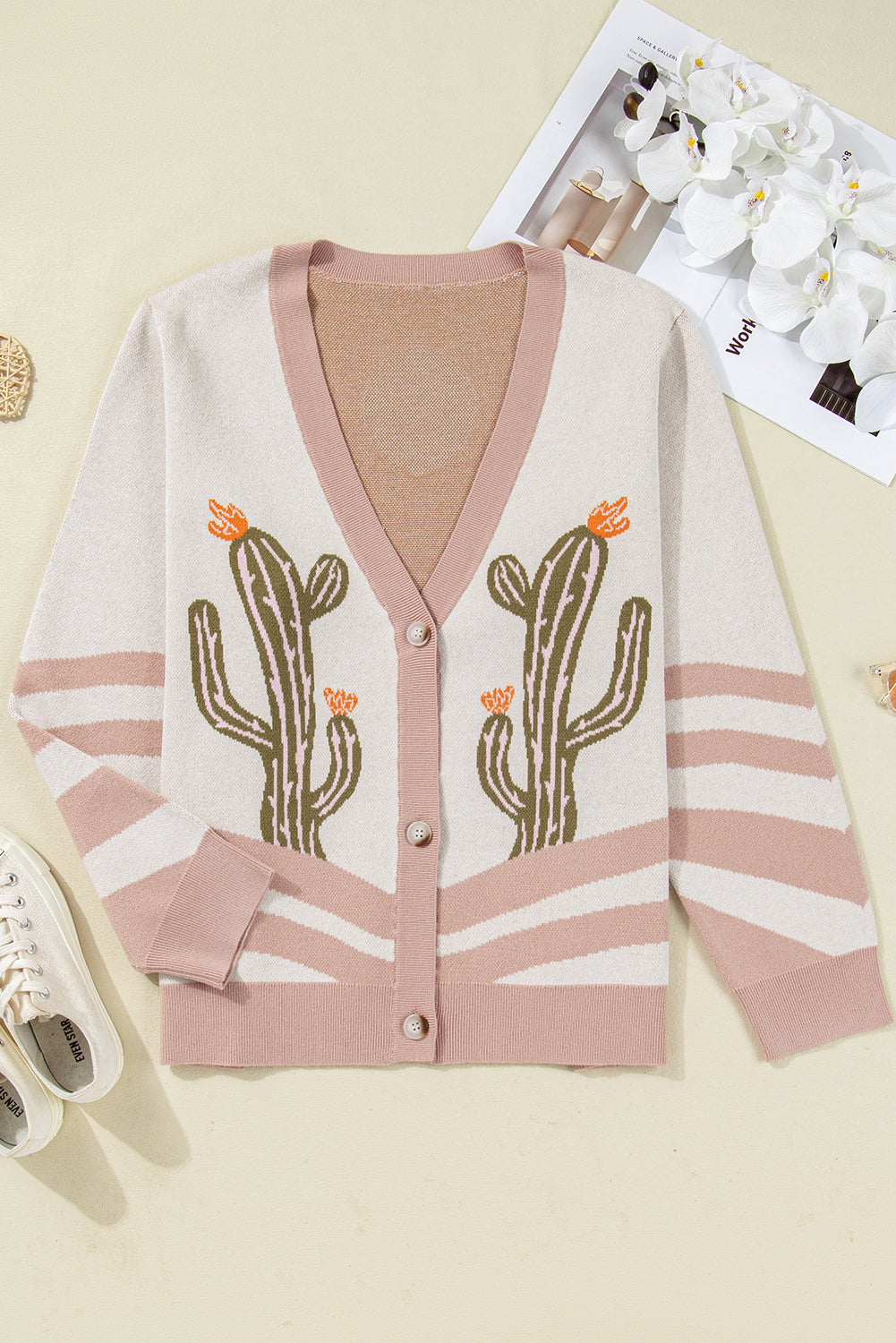 Apricot Western Desert Cactus Print Plus Size Button Cardigan Sweater Plus Size Sweaters & Cardigans JT's Designer Fashion