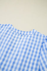 Sky Blue Gingham Short Sleeve Button Tie Split Neck Loose Mini Dress Mini Dresses JT's Designer Fashion