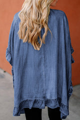Dusk Blue Chambray Ruffle Hem Half Sleeve Open Loose Kimono Kimonos JT's Designer Fashion