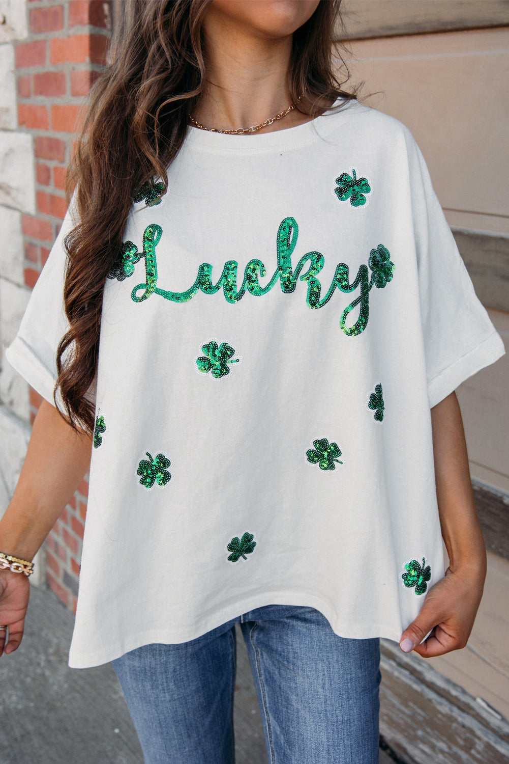 White St Patrick Lucky Clover Sequin Graphic T Shirt Graphic Tees JT's Designer Fashion