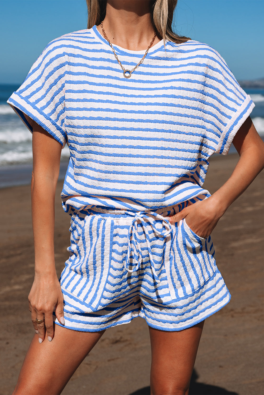 Sky Blue Stripe Knitted Short Sleeve Top and Drawstring Shorts Set Short Sets JT's Designer Fashion