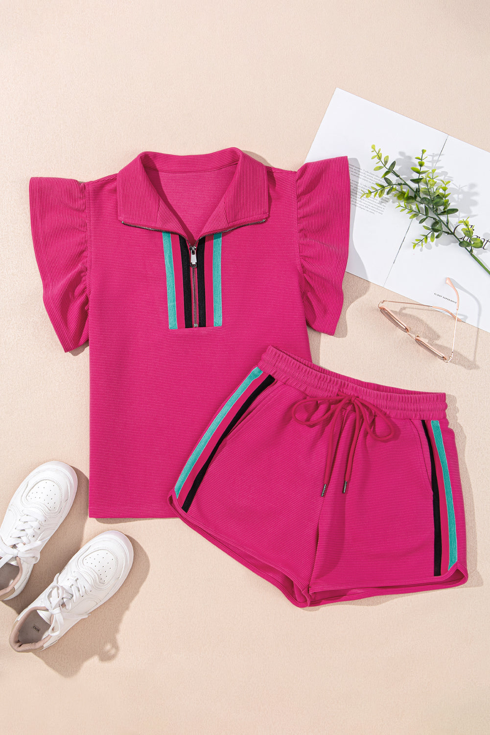 Strawberry Pink Striped Detail Flutter Sleeve Zipped Collar Short Set Short Sets JT's Designer Fashion