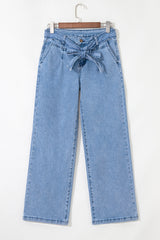 Beau Blue Western Washed Bow Knot Sash Wide Leg Jeans Jeans JT's Designer Fashion