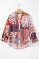 Red Boho Geometric Mixed Print Patchwork Bubble Sleeve Shirt Blouses & Shirts JT's Designer Fashion