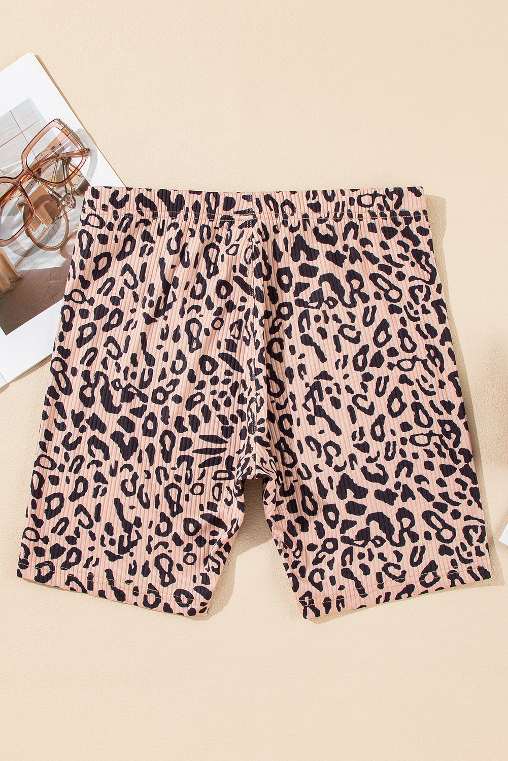 Khaki Leopard Print Ribbed Textured Knit Biker Shorts Casual Shorts JT's Designer Fashion