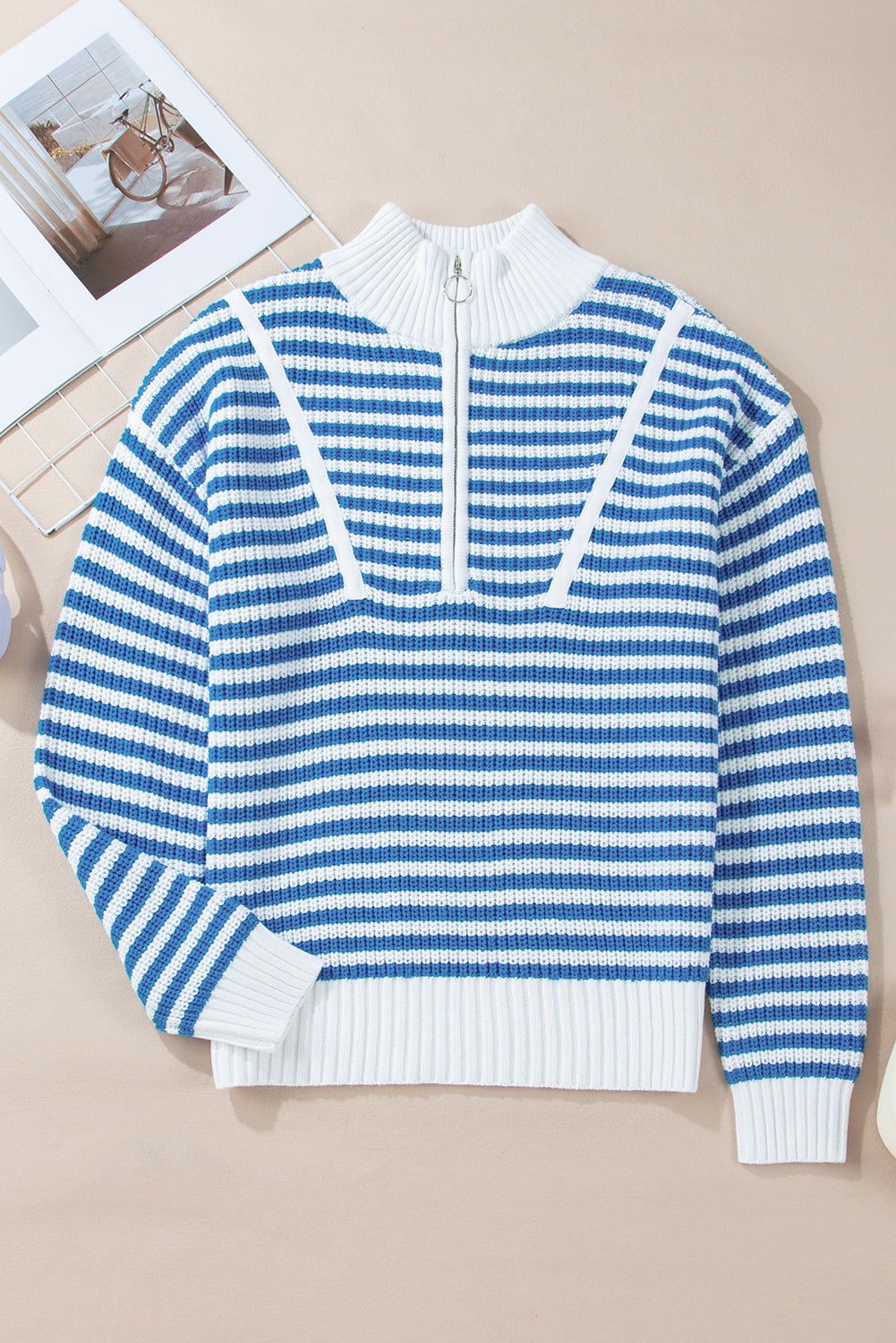 Sky Blue Stripe Zip up Collar Drop Shoulder Sweater Sweaters JT's Designer Fashion