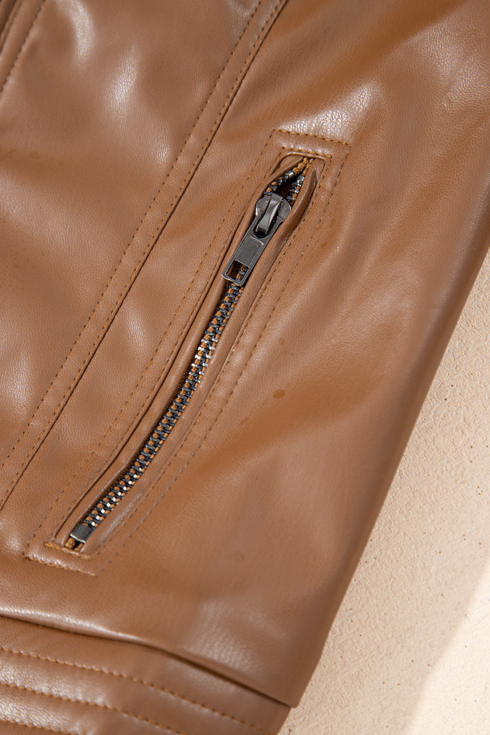 Chestnut Solid Faux Leather Zipper Slim Fit Bomber Jacket Jackets JT's Designer Fashion