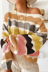 Yellow Wave Striped Balloon Sleeve Drop Shoulder Sweater Sweaters JT's Designer Fashion