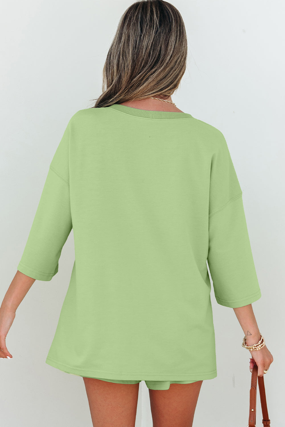 Meadow Mist Green Solid Loose V Neck Half Sleeve Tee and Shorts Short Sets JT's Designer Fashion