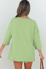 Meadow Mist Green Solid Loose V Neck Half Sleeve Tee and Shorts Short Sets JT's Designer Fashion
