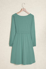 Green Button Up High Waist Long Sleeve Dress Midi Dresses JT's Designer Fashion