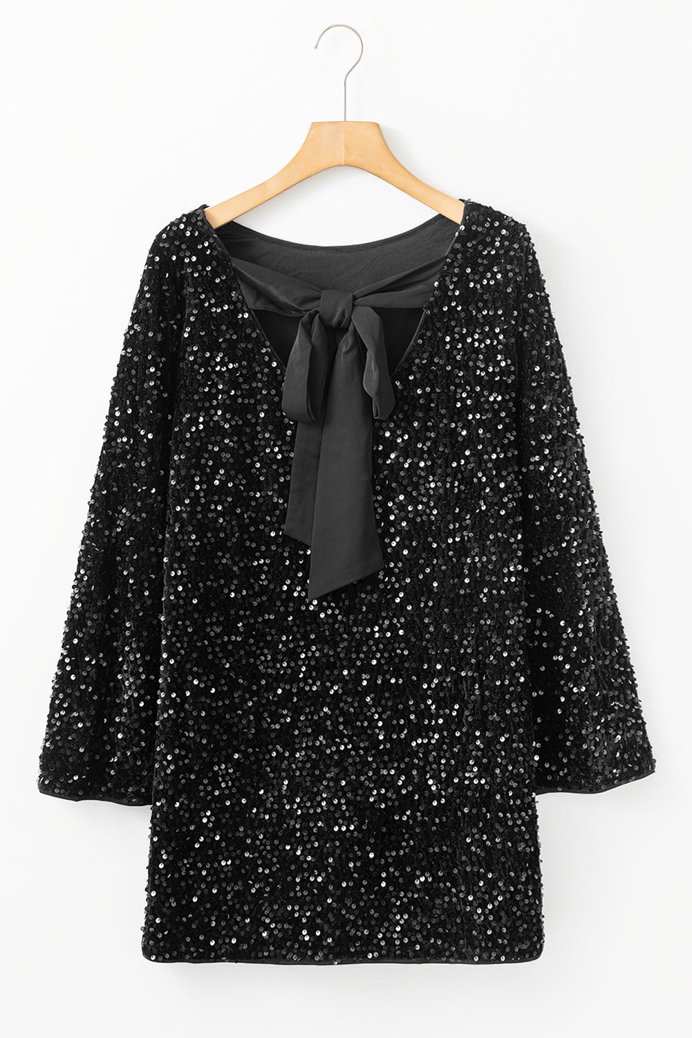 Black Sequin Long Sleeve Knot Cutout Back Mini Dress Mini Dresses JT's Designer Fashion