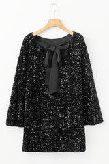 Black Sequin Long Sleeve Knot Cutout Back Mini Dress Mini Dresses JT's Designer Fashion