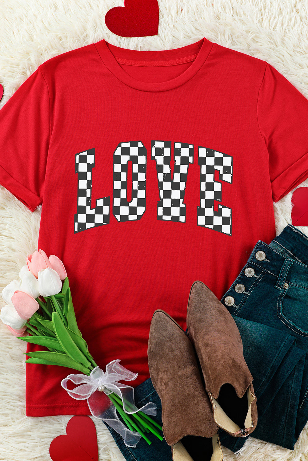 Red Checkered LOVE Letter Graphic Valentines T Shirt Graphic Tees JT's Designer Fashion