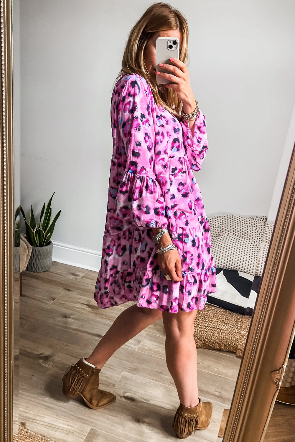 Rose Leopard Print Buttoned Front 3/4 Sleeve Tiered Ruffled Hem Dress Mini Dresses JT's Designer Fashion